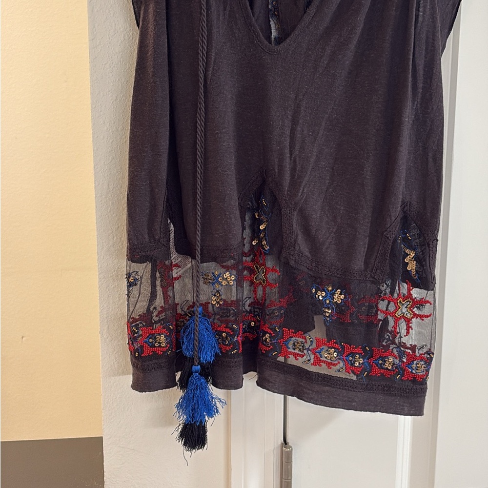 Free People Black Blouse with Blue and Red Embroidery